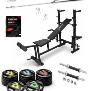 Saporigo 8-in-1 Adjustable Bench with Integrated Barbell Rack & Pro-Weight Combo Complete Home Gym