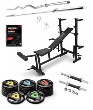 Saporigo 8-in-1 Adjustable Bench with Integrated Barbell Rack & Pro-Weight Combo Complete Home Gym