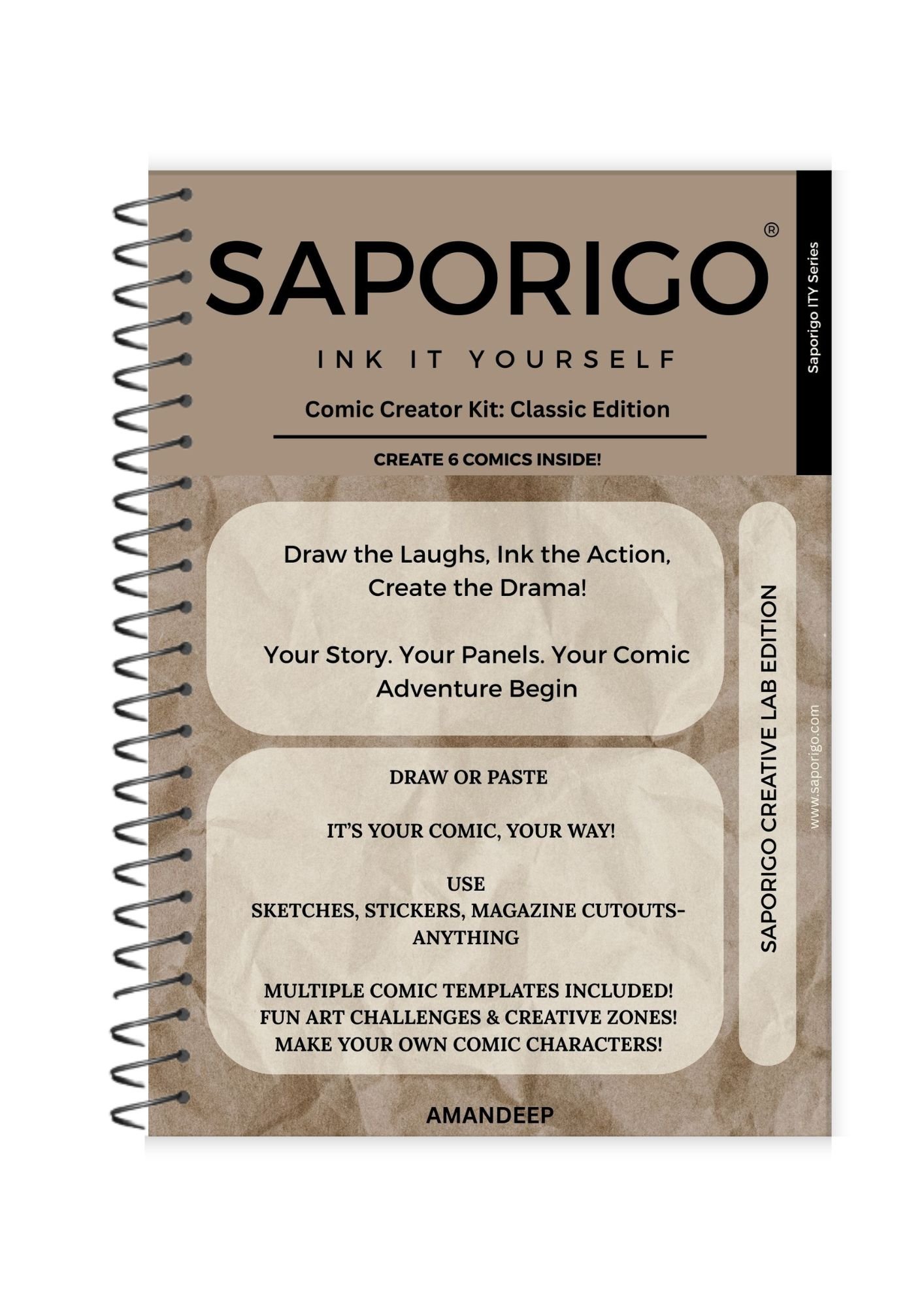 Saporigo Ink It Yourself Comic Creator Kit Classic Edition | 122 Pages | Blank Comic Book & Graphic Novel Journal | DIY Manga & Cartoon Strip Templates | Spiral Bound | ISBN 978-81-987846-9-8