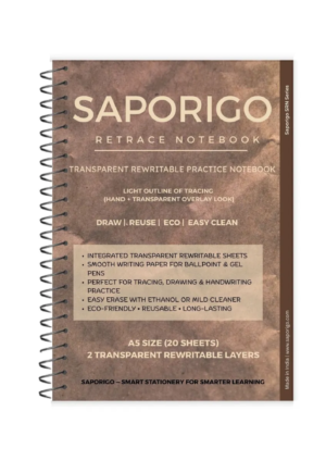 SAPORIGO ReTrace Notebook A5 | 2 Transparent Rewritable Tracing Sheets + 20 White Pages | Includes Marker & Cloth | Eco-Friendly Study Notebook
