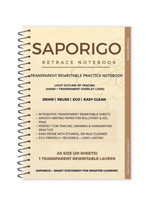 SAPORIGO ReTrace Notebook A5 | 1 Transparent Rewritable Tracing Sheet with 20 White Pages | Ideal for Drawing, Maps & Handwriting