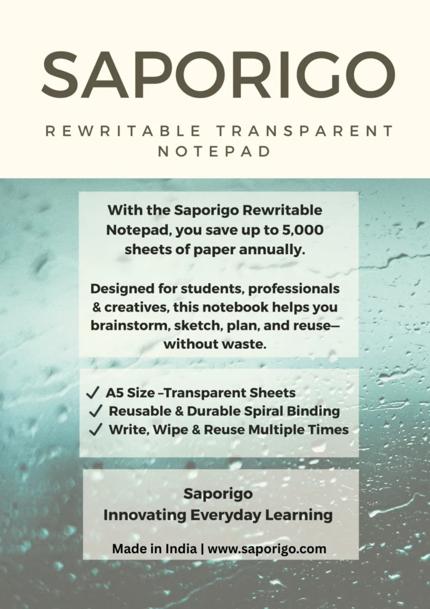 SAPORIGO Transparent Rewritable Notebook STN Series | A5 (Pack of 3) | Write, Wipe & Reuse | Eco-Friendly Clear Notepad - Image 3