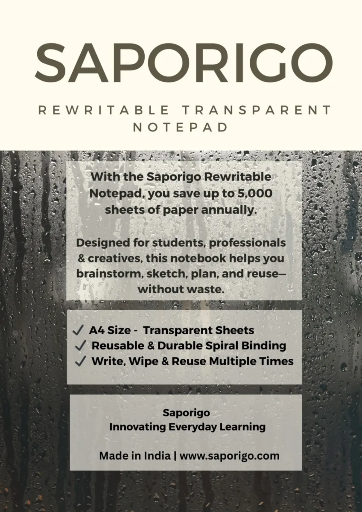 SAPORIGO Transparent Rewritable Notebook STN Series | A4 (Pack of 2) | Glass Writing Feel | Spiral Bound Eco-Friendly Clear Notepad - Image 3