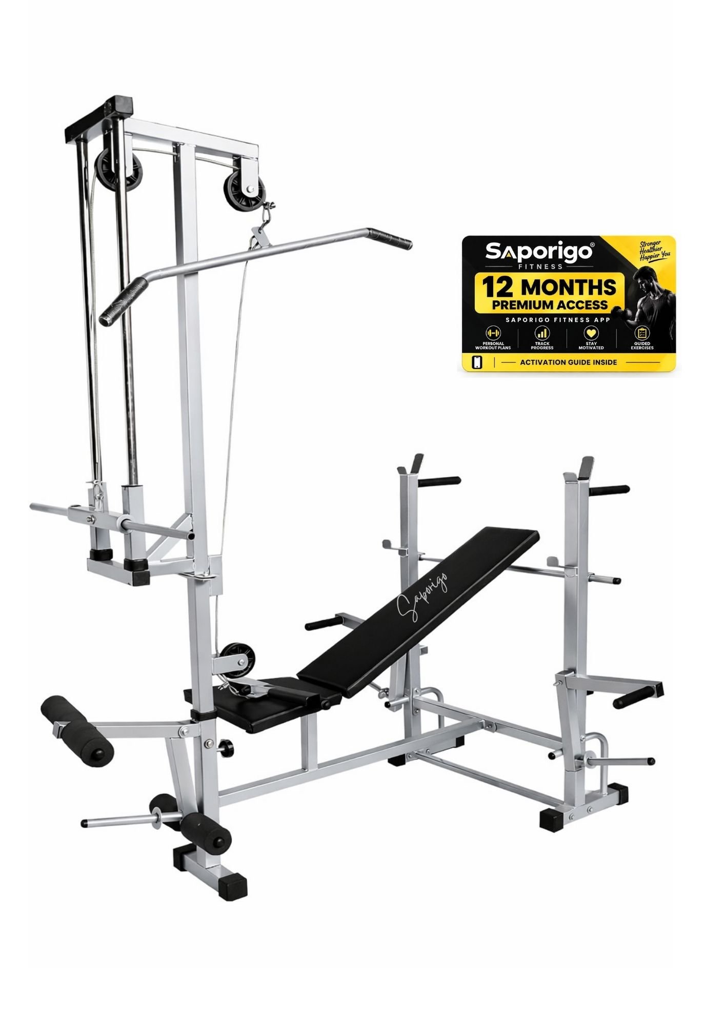 Saporigo 20-in-1 Single Support Adjustable Gym Bench with Lat Pulldown & Leg Extension | 190 KG Capacity - Image 5