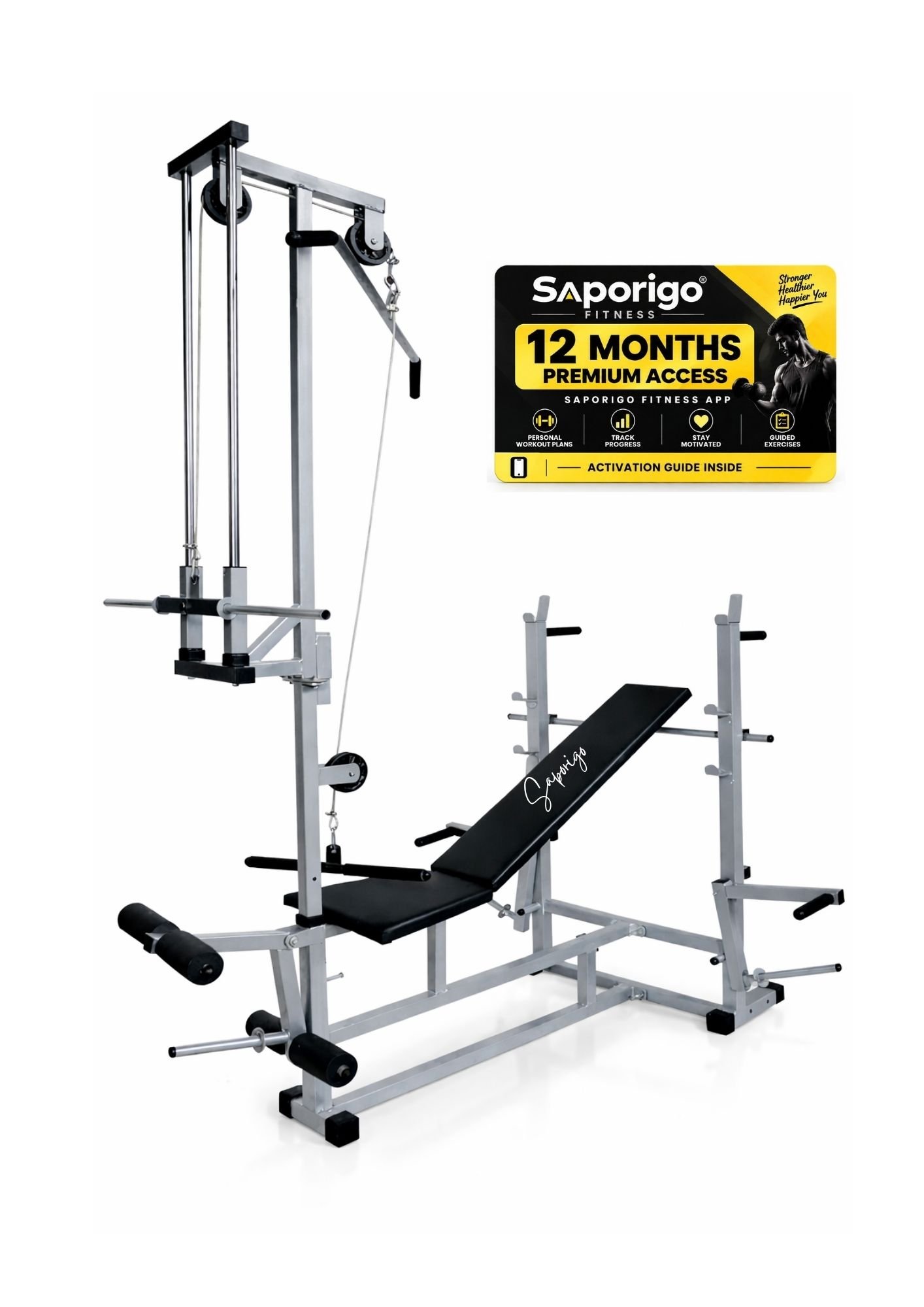 Saporigo 20-in-1 Double Support Gym Bench with Lat Pulldown, Weight Plates & Rod Combo - Image 13