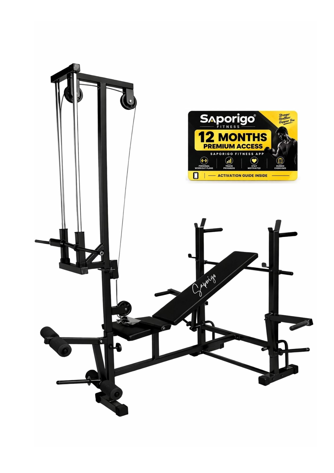 Saporigo 20-in-1 Single Support Adjustable Gym Bench with Lat Pulldown & Leg Extension | 190 KG Capacity - Image 3
