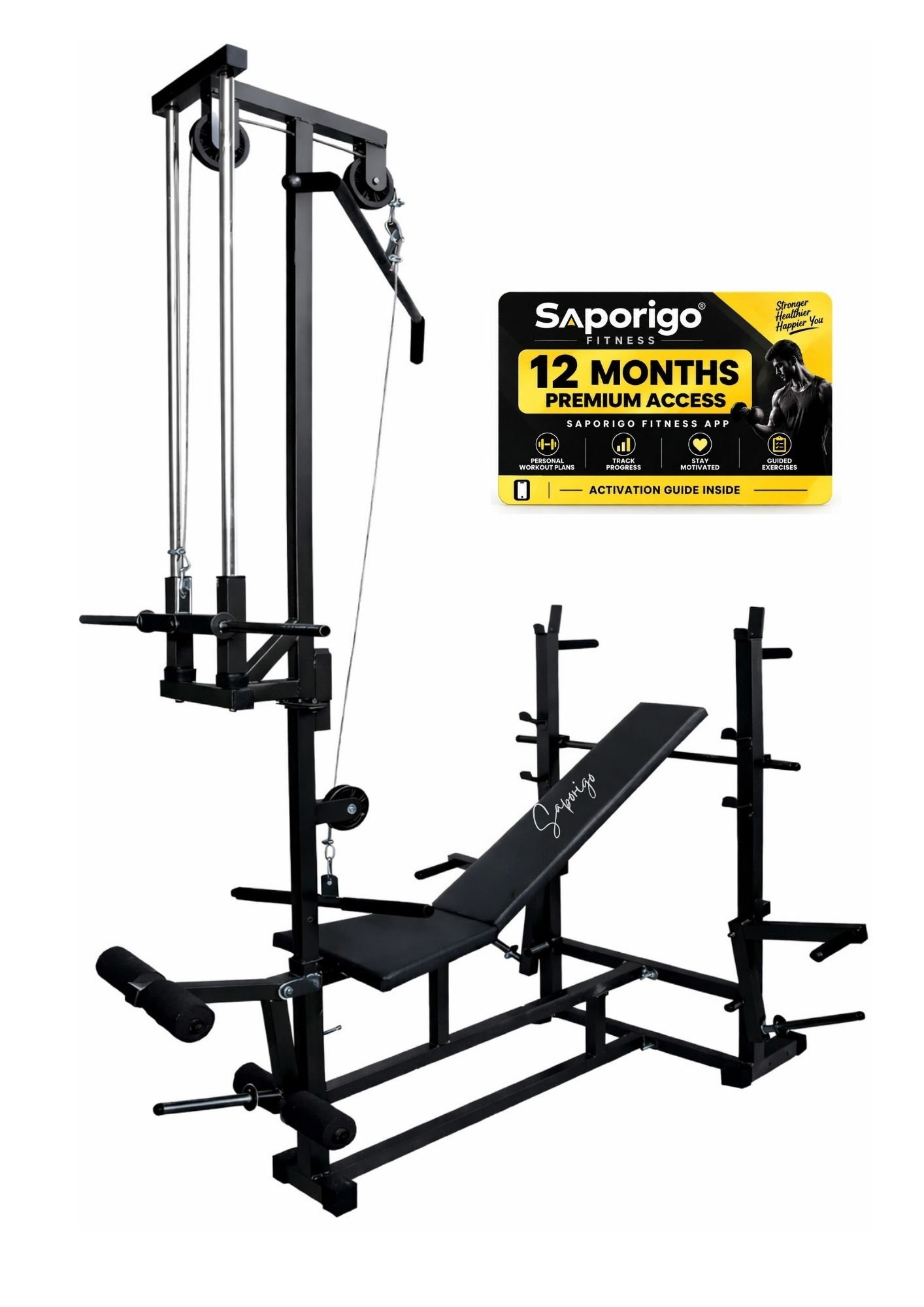 Saporigo 20-in-1 Double Support Gym Bench with Lat Pulldown, Weight Plates & Rod Combo - Image 12