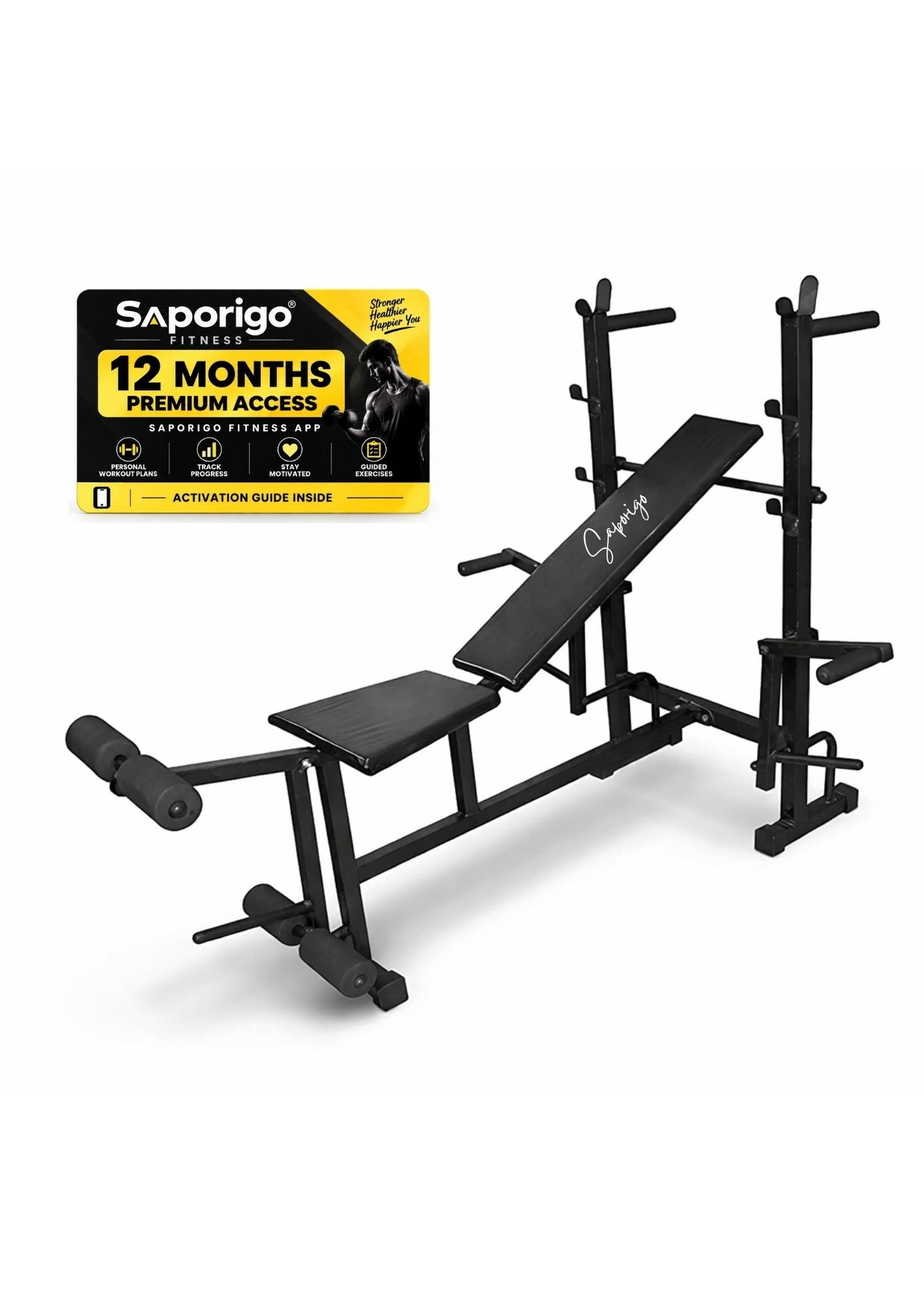 Saporigo 8-in-1 Single Support Gym Bench with Barbell Rack, Weight Plates & Rod Combo | 200 KG Capacity - Image 8