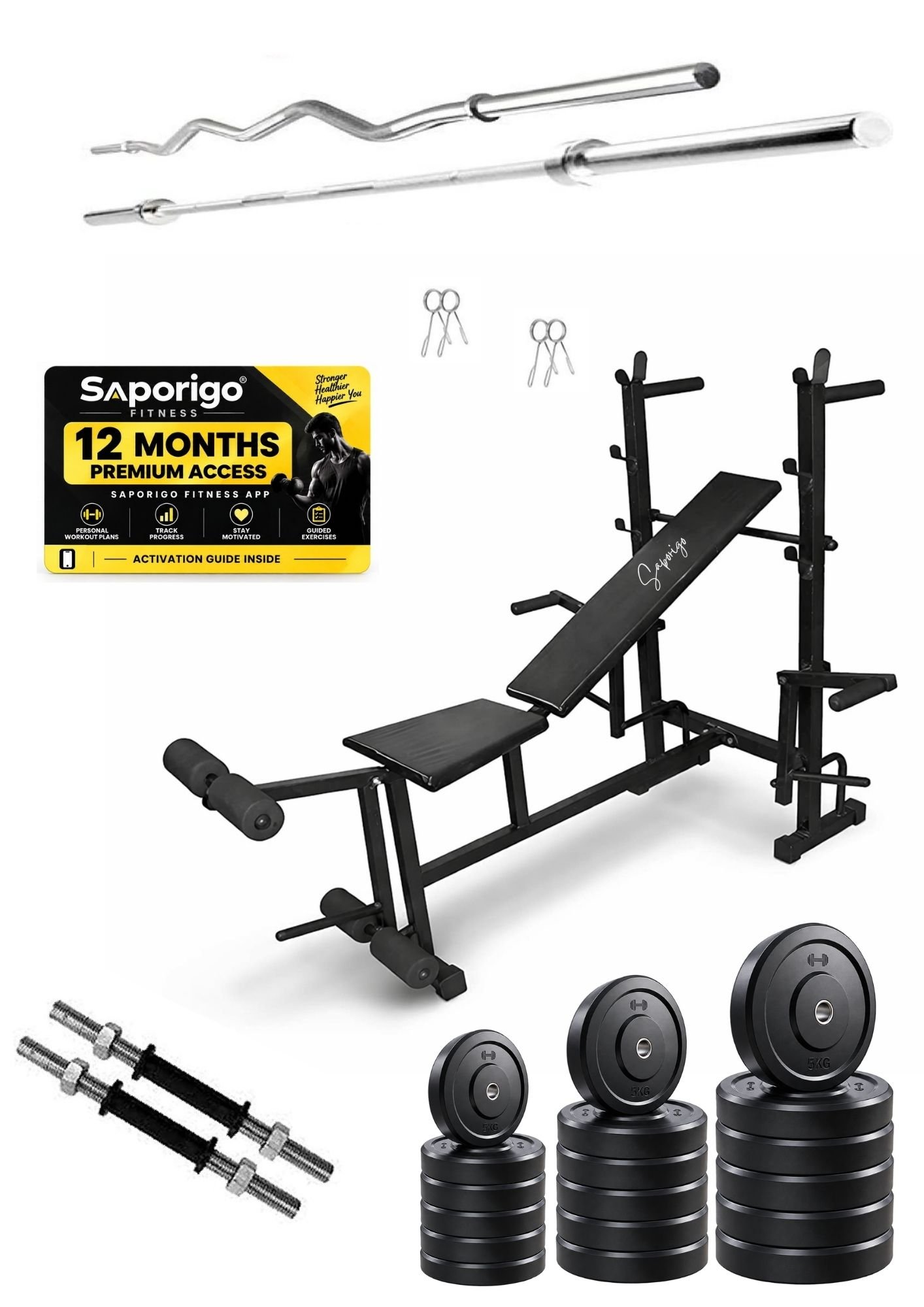 Saporigo 8-in-1 Single Support Gym Bench with Barbell Rack, Weight Plates & Rod Combo | 200 KG Capacity - Image 3