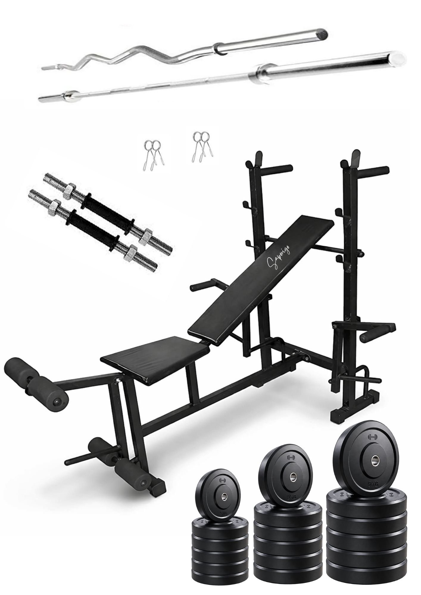 Saporigo 8-in-1 Single Support Gym Bench with Barbell Rack, Weight Plates & Rod Combo | 200 KG Capacity - Image 4