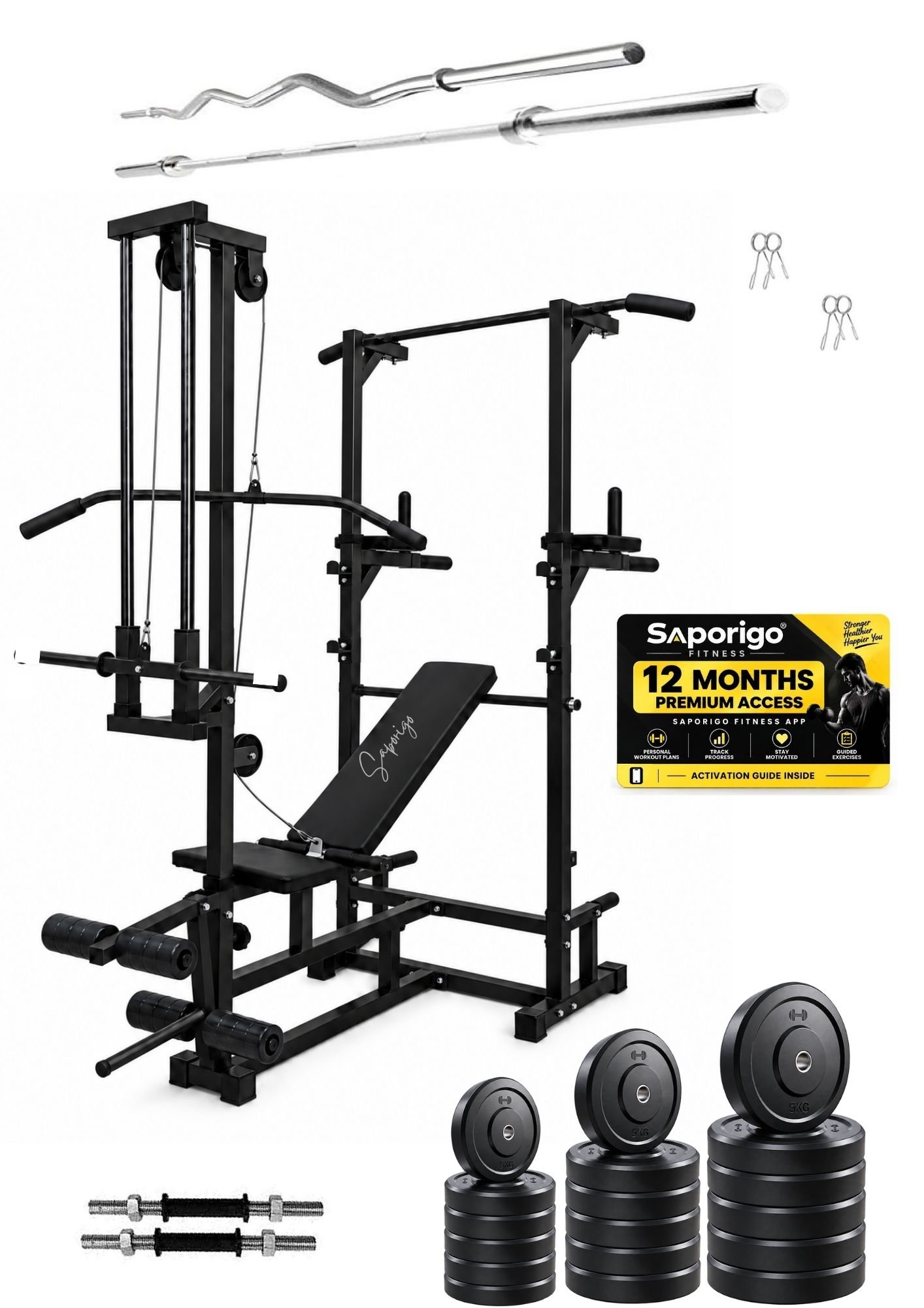 Saporigo 20-in-1 ABS Tower & Adjustable Gym Bench with Weight & Rod Combo | Home Gym System - Image 6