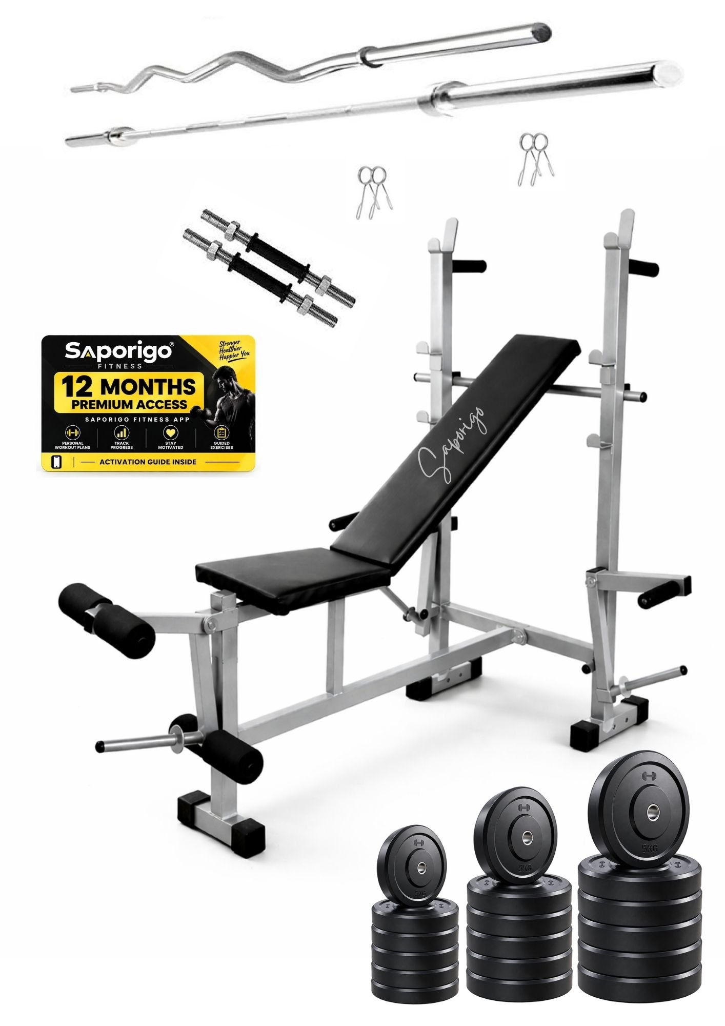 Saporigo 8-in-1 Single Support Gym Bench with Barbell Rack, Weight Plates & Rod Combo | 200 KG Capacity - Image 5