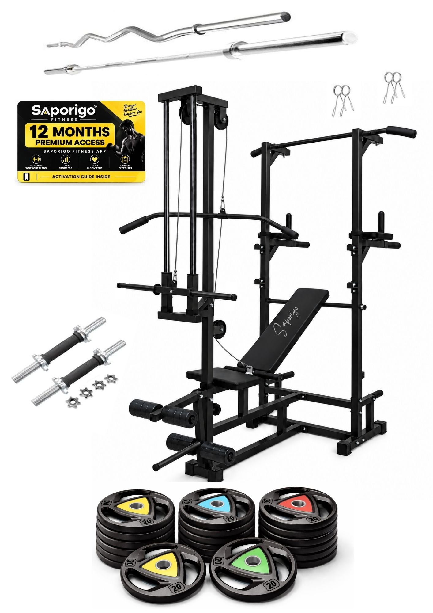 Saporigo 20-in-1 ABS Tower & Adjustable Gym Bench with Weight & Rod Combo | Home Gym System - Image 5