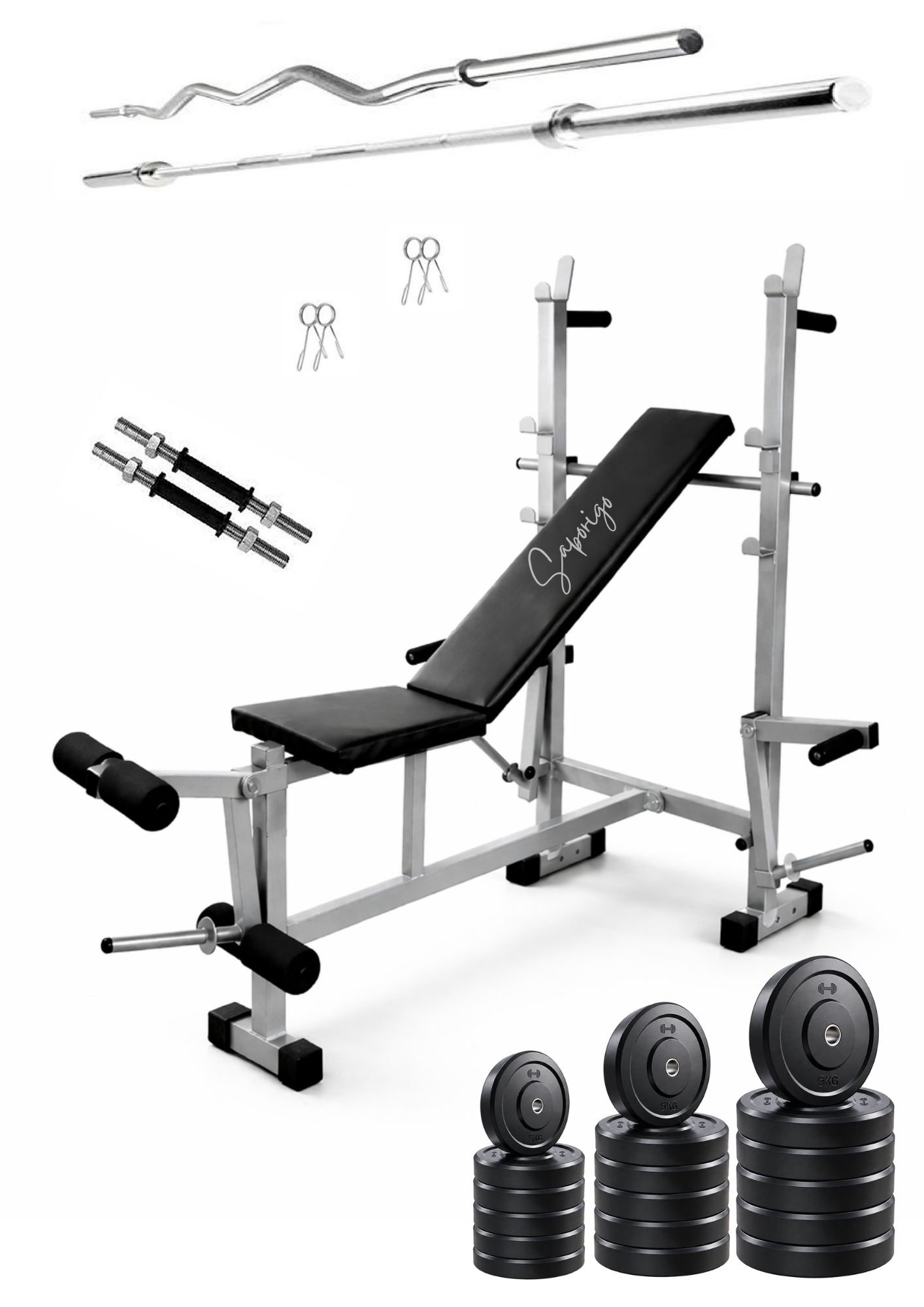 Saporigo 8-in-1 Single Support Gym Bench with Barbell Rack, Weight Plates & Rod Combo | 200 KG Capacity - Image 6
