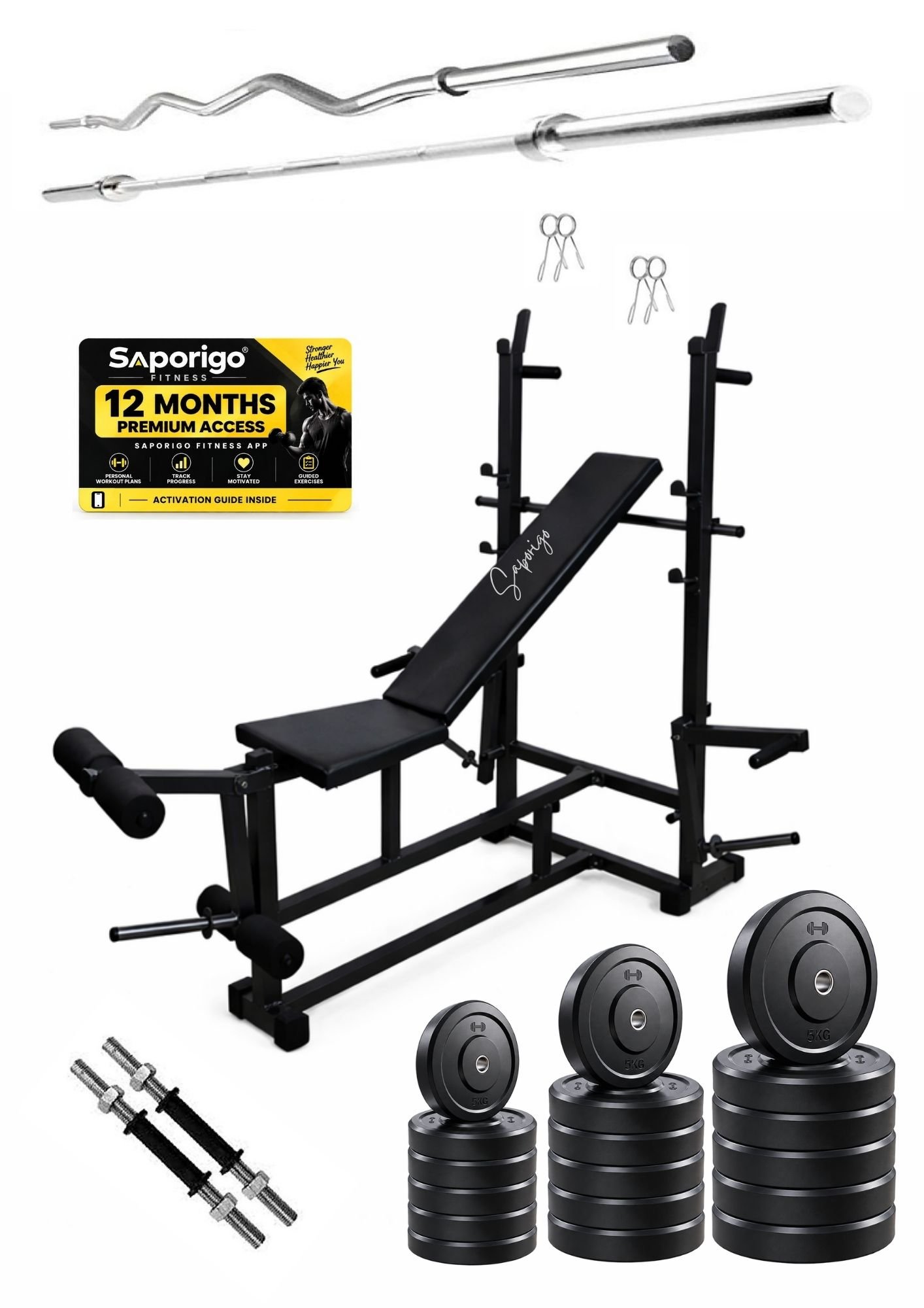Saporigo 8-in-1 Double Support Gym Bench with Leg Developer, Weight Plates & Rod Combo | 260 KG Capacity - Image 7
