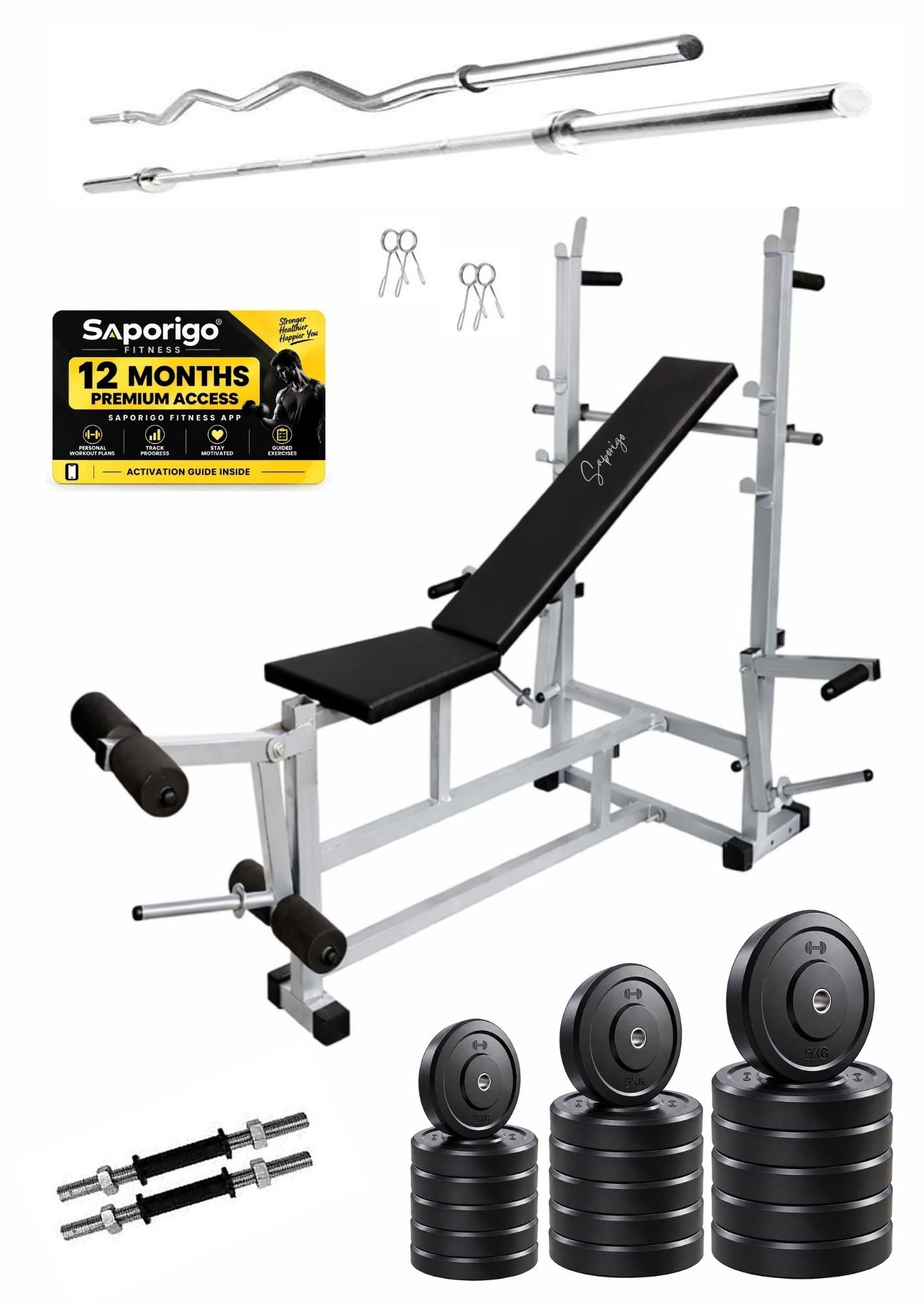 Saporigo 8-in-1 Double Support Gym Bench with Leg Developer, Weight Plates & Rod Combo | 260 KG Capacity - Image 4