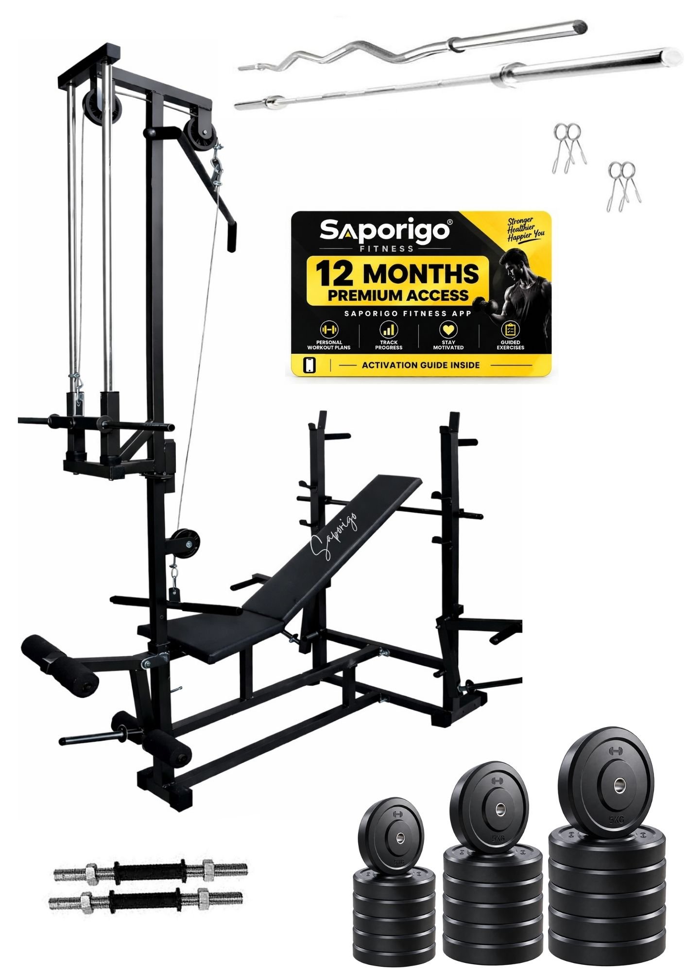 Saporigo 20-in-1 Double Support Gym Bench with Lat Pulldown, Weight Plates & Rod Combo - Image 5