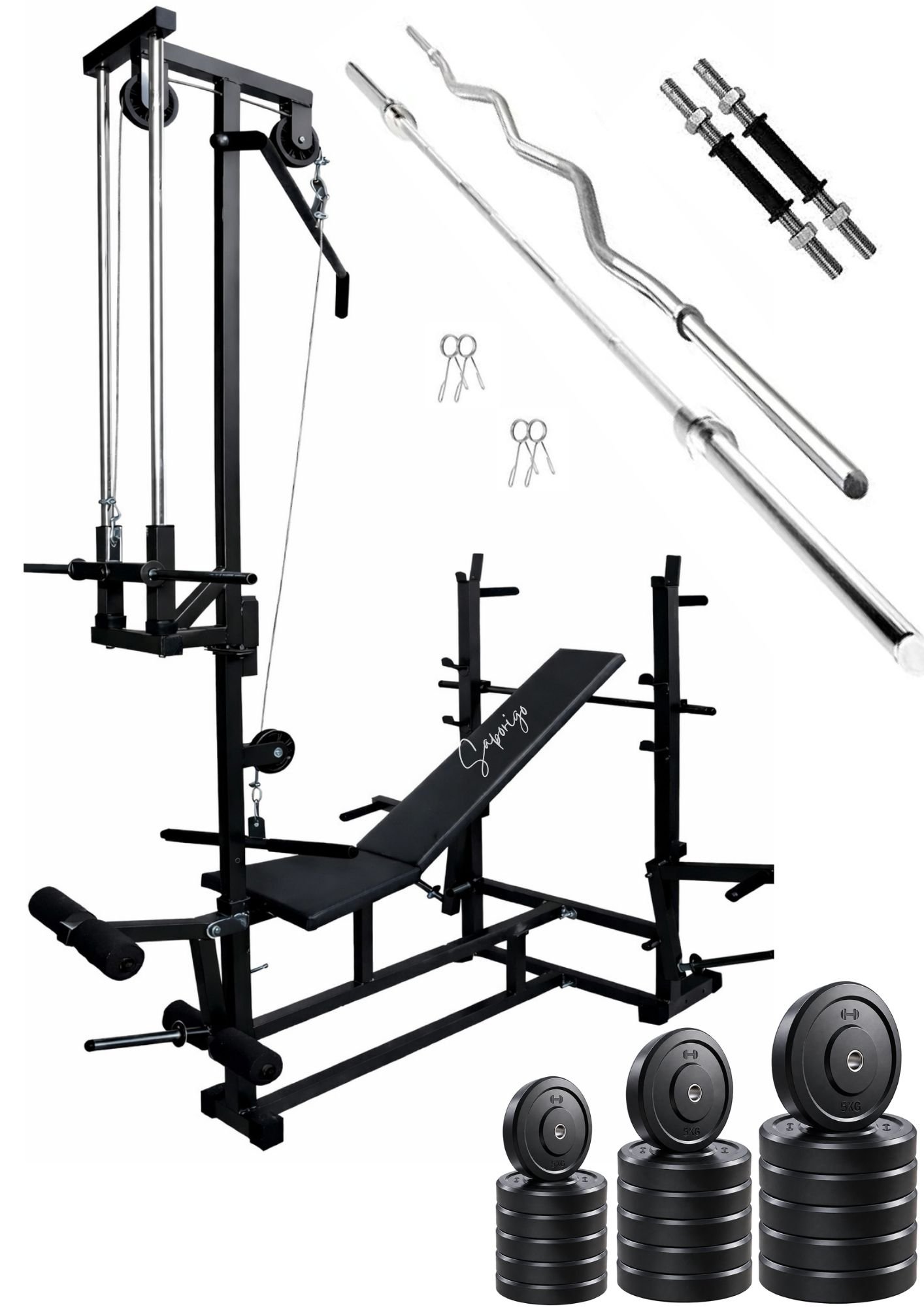 Saporigo 20-in-1 Double Support Gym Bench with Lat Pulldown, Weight Plates & Rod Combo - Image 4