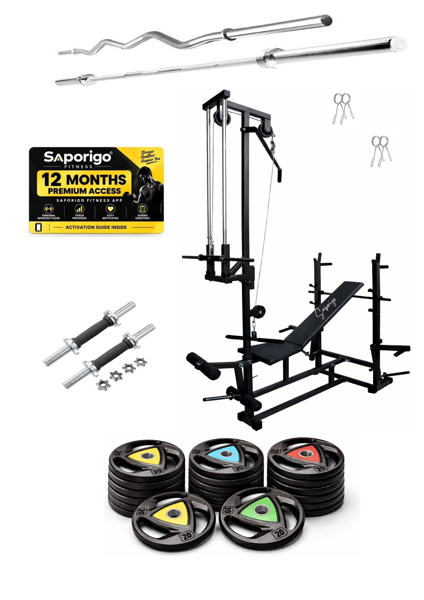 Saporigo 20-in-1 Double Support Gym Bench with Lat Pulldown, Weight Plates & Rod Combo - Image 14