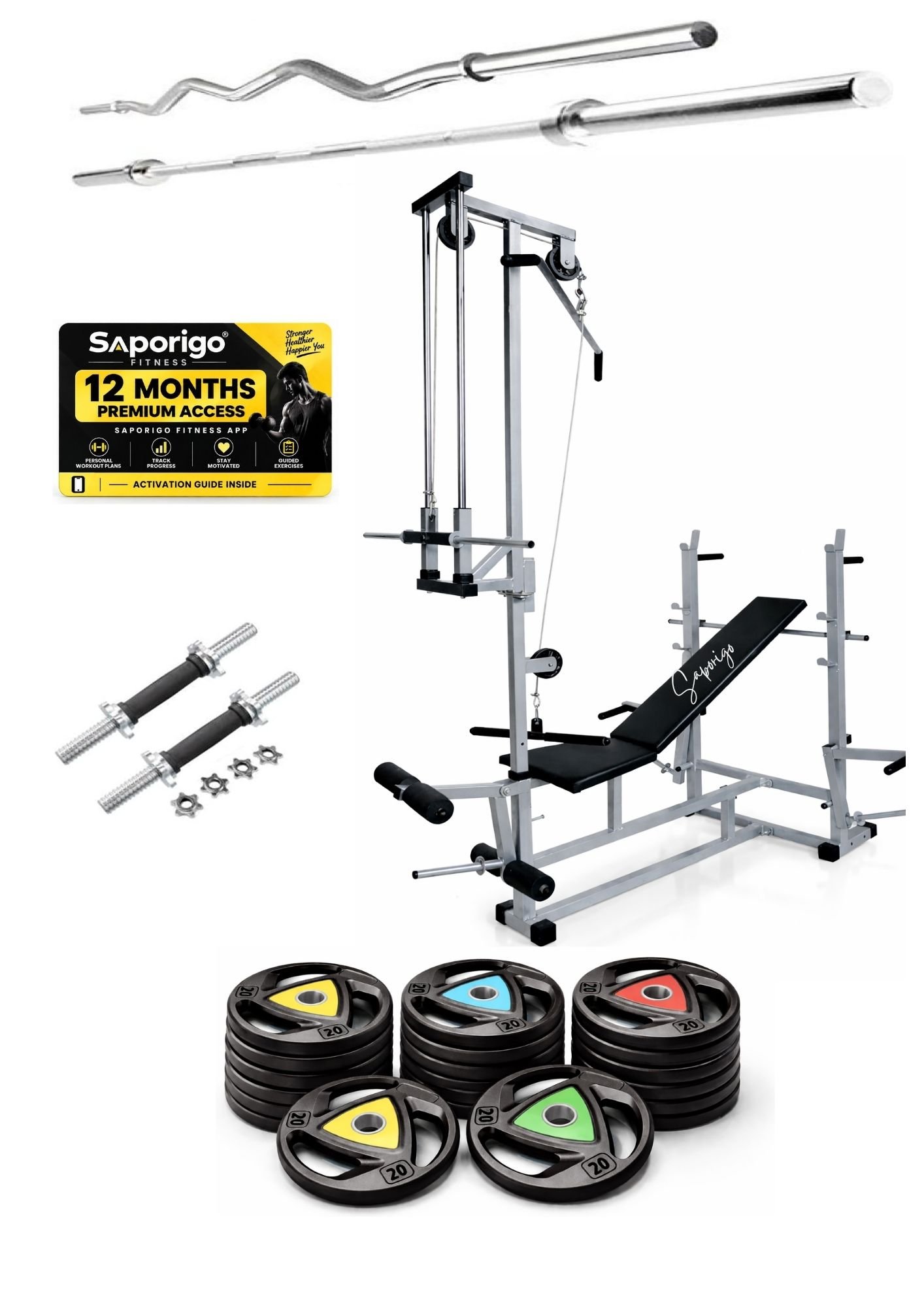 Saporigo 20-in-1 Double Support Gym Bench with Lat Pulldown, Weight Plates & Rod Combo - Image 8
