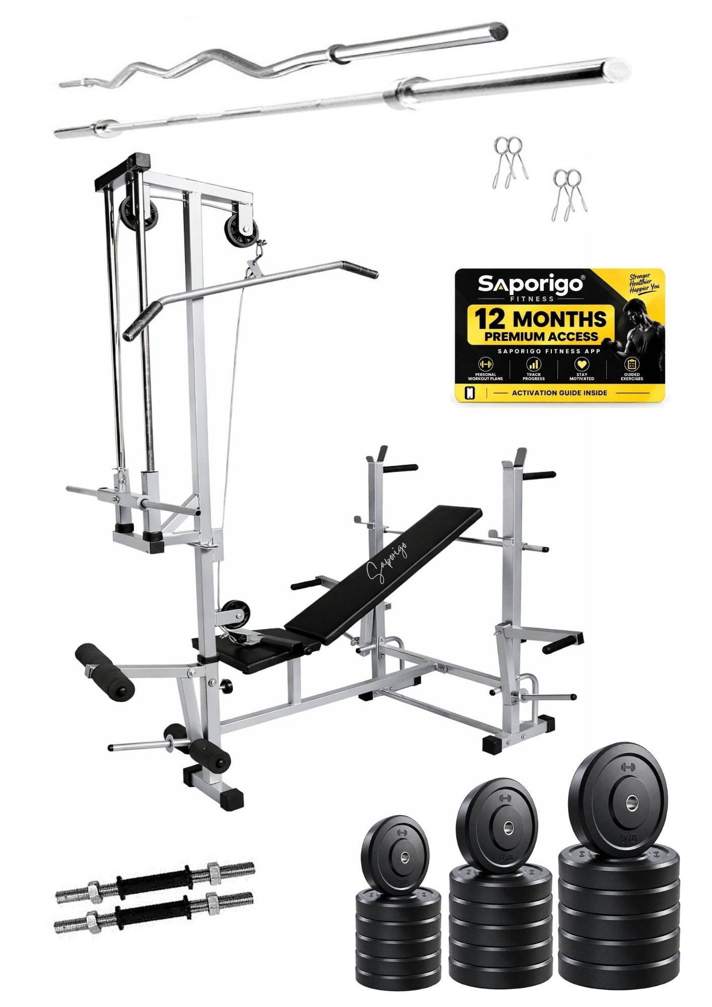 Saporigo 20-in-1 Single Support Gym Bench with Lat Pulldown, Weight Plates & Rod Combo