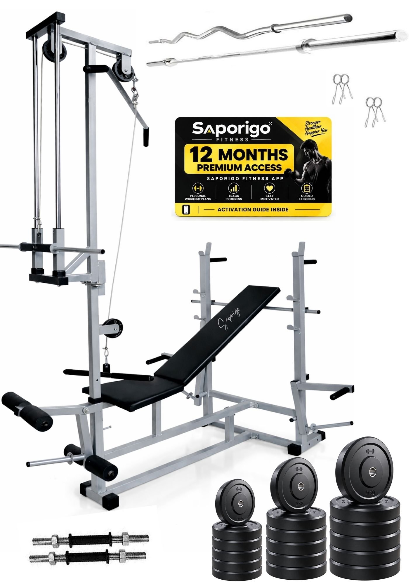 Saporigo 20-in-1 Double Support Gym Bench with Lat Pulldown, Weight Plates & Rod Combo - Image 6