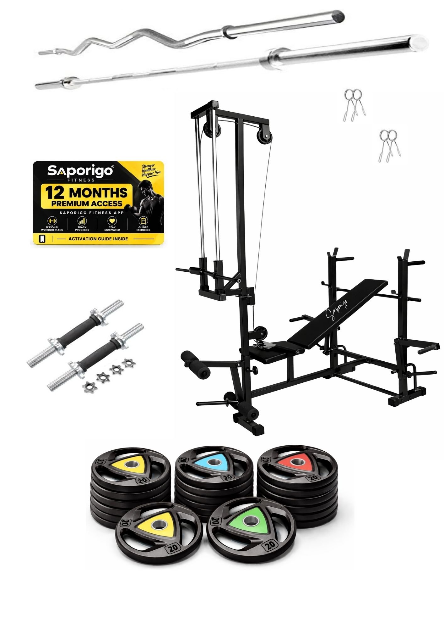 Saporigo 20-in-1 Single Support Gym Bench with Lat Pulldown, Weight Plates & Rod Combo - Image 5