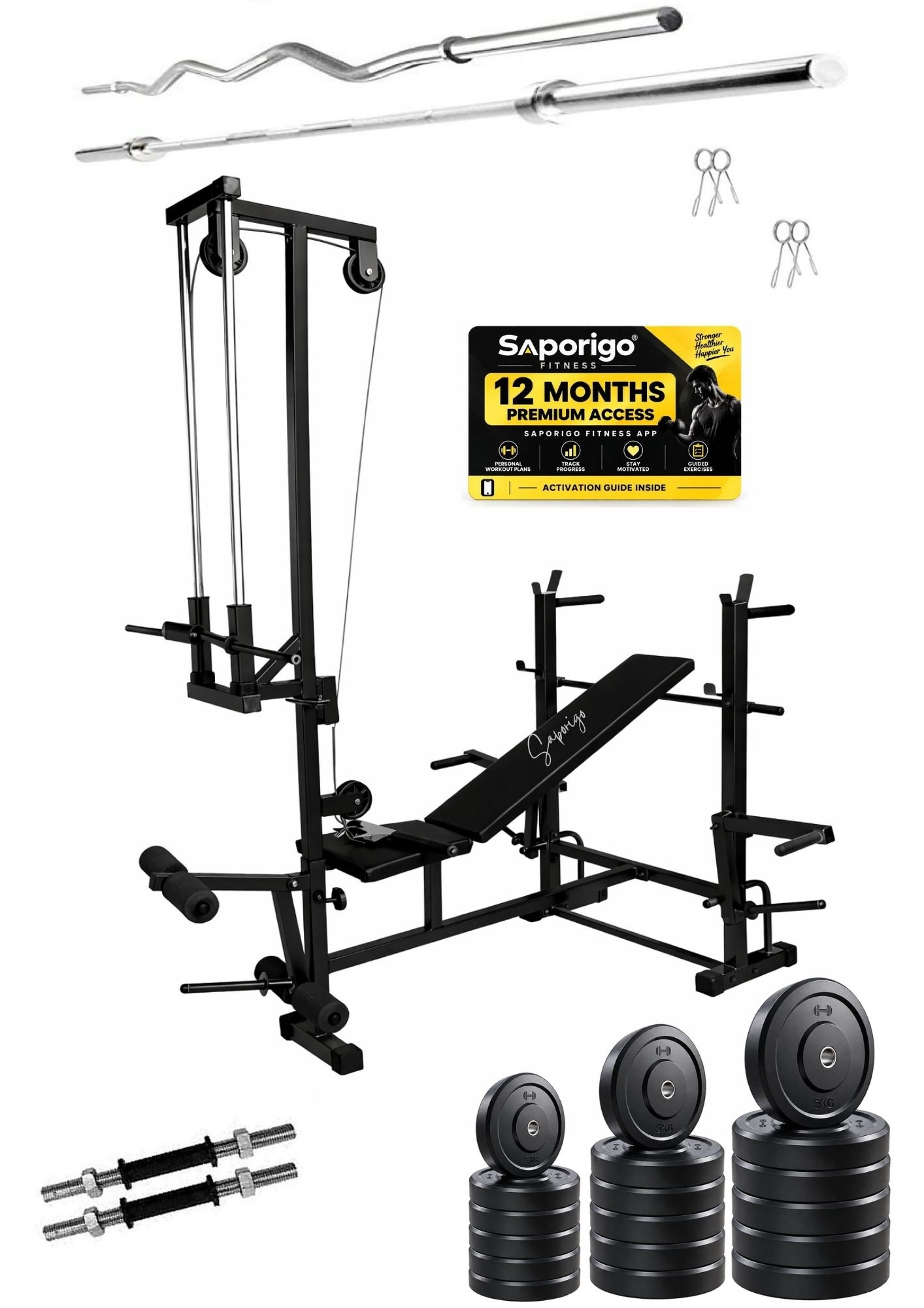Saporigo 20-in-1 Single Support Gym Bench with Lat Pulldown, Weight Plates & Rod Combo - Image 4