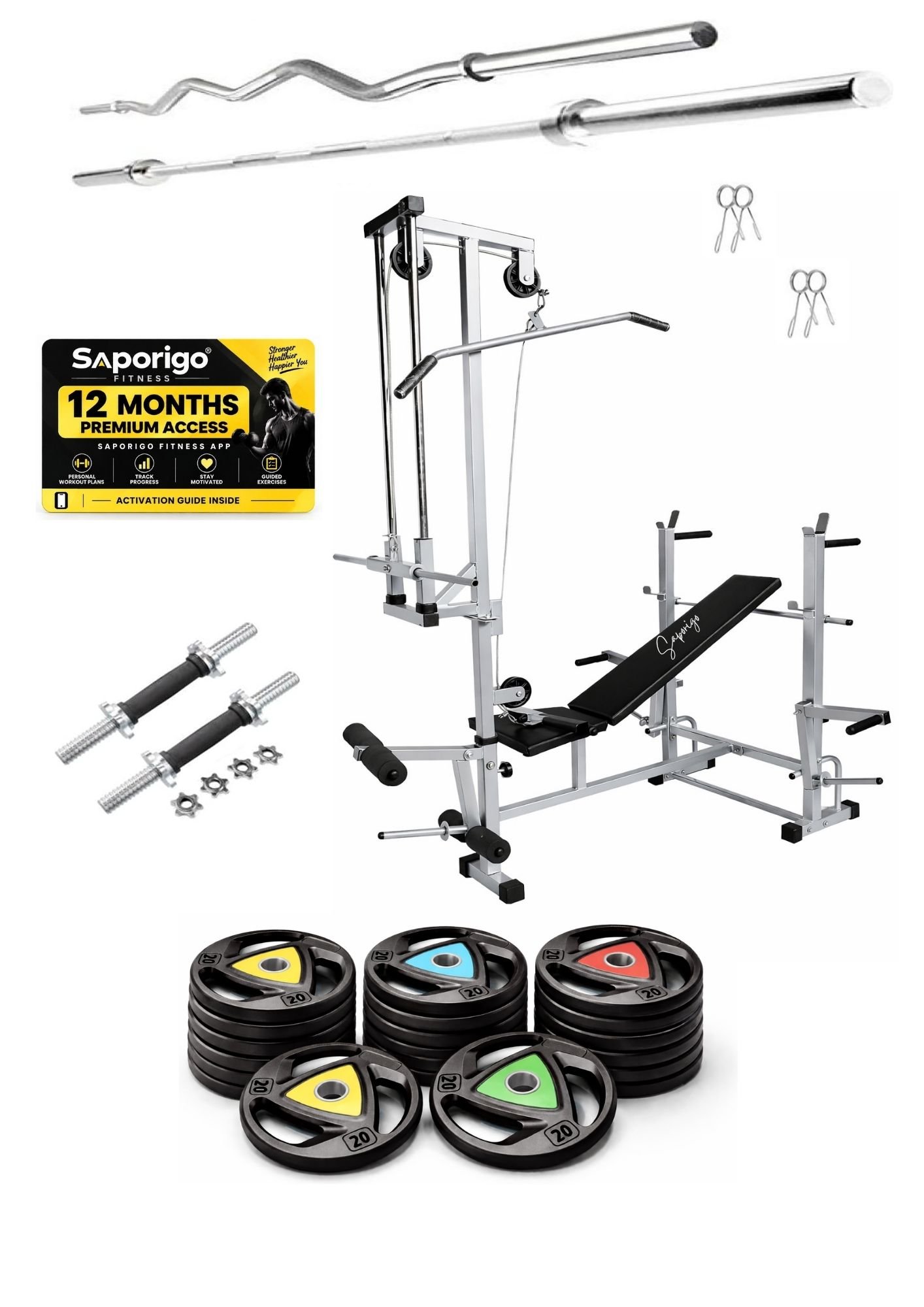 Saporigo 20-in-1 Single Support Gym Bench with Lat Pulldown, Weight Plates & Rod Combo - Image 2