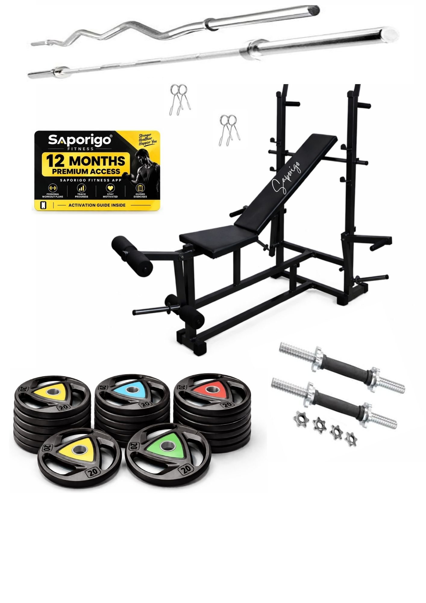 Saporigo 8-in-1 Double Support Gym Bench with Leg Developer, Weight Plates & Rod Combo | 260 KG Capacity - Image 8