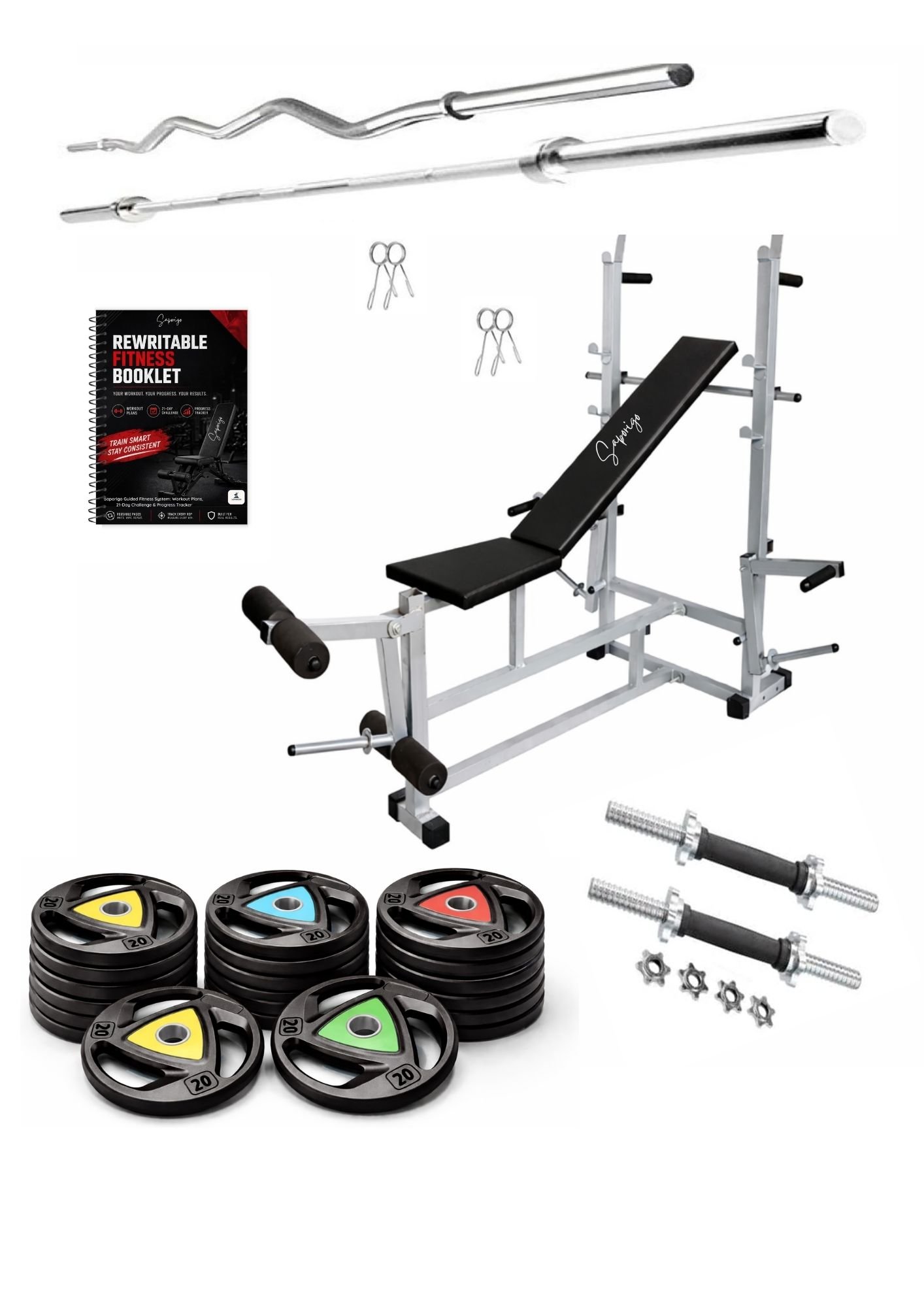 Saporigo 8-in-1 Double Support Gym Bench with Leg Developer, Weight Plates & Rod Combo | 260 KG Capacity - Image 9