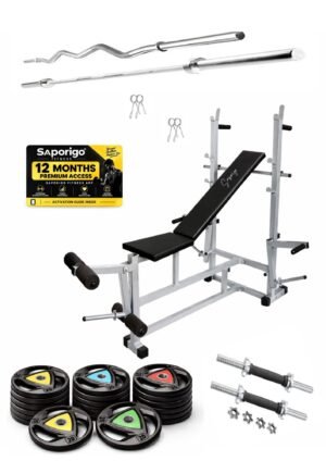 Saporigo 8-in-1 Double Support Gym Bench with Leg Developer, Weight Plates & Rod Combo | 260 KG Capacity