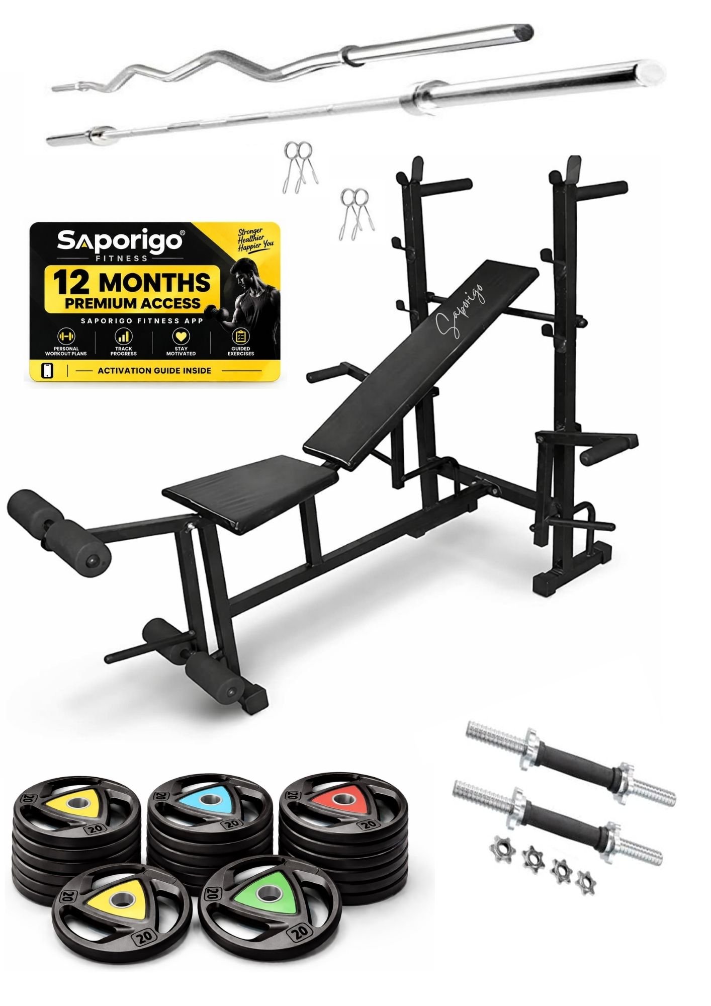 Saporigo 8-in-1 Single Support Gym Bench with Barbell Rack, Weight Plates & Rod Combo | 200 KG Capacity - Image 11