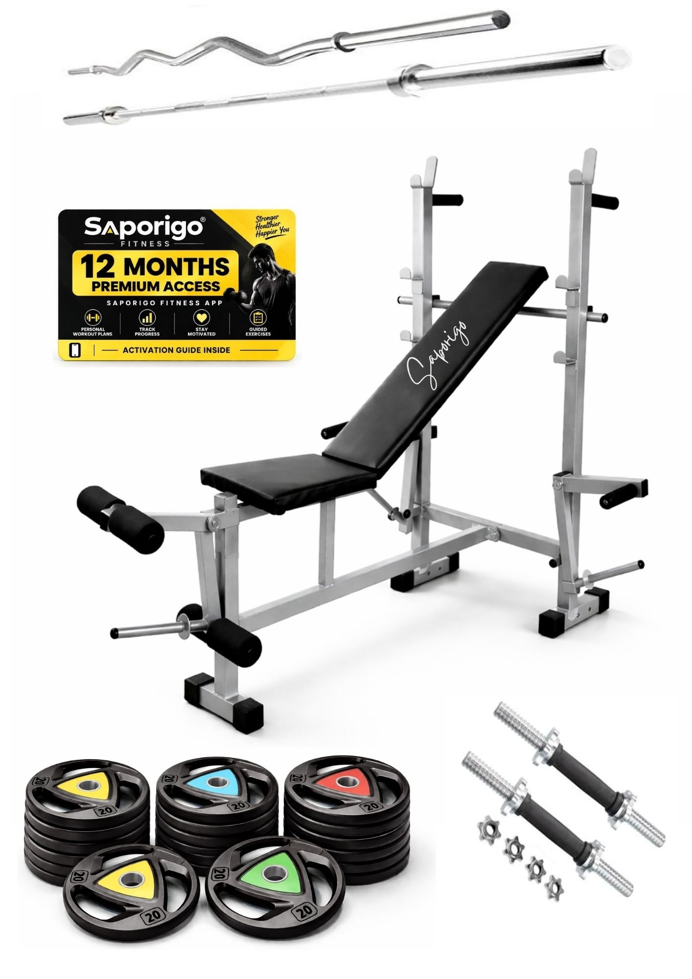 Saporigo 8-in-1 Single Support Gym Bench with Barbell Rack, Weight Plates & Rod Combo | 200 KG Capacity