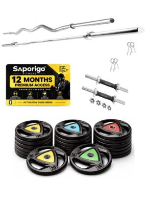 Saporigo TriGrip Rubber Weight Plates with Barbell, Curl Rod & Dumbbell Rods | 20 KG to 100 KG Home Gym Set