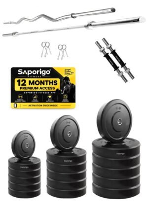 Saporigo Rubber Weight Plates with Barbell, Curl Rod & Dumbbell Rods | 20 KG to 100 KG Home Gym Set
