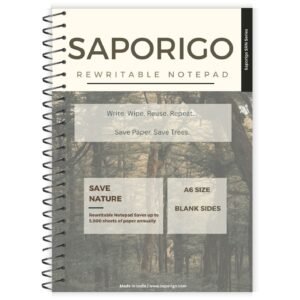 Product name SAPORIGO A6 Rewritable Pocket Notebook | All Blank Coated Pages | Write, Wipe & Reuse | Eco-Friendly Quick Notes & Sketches