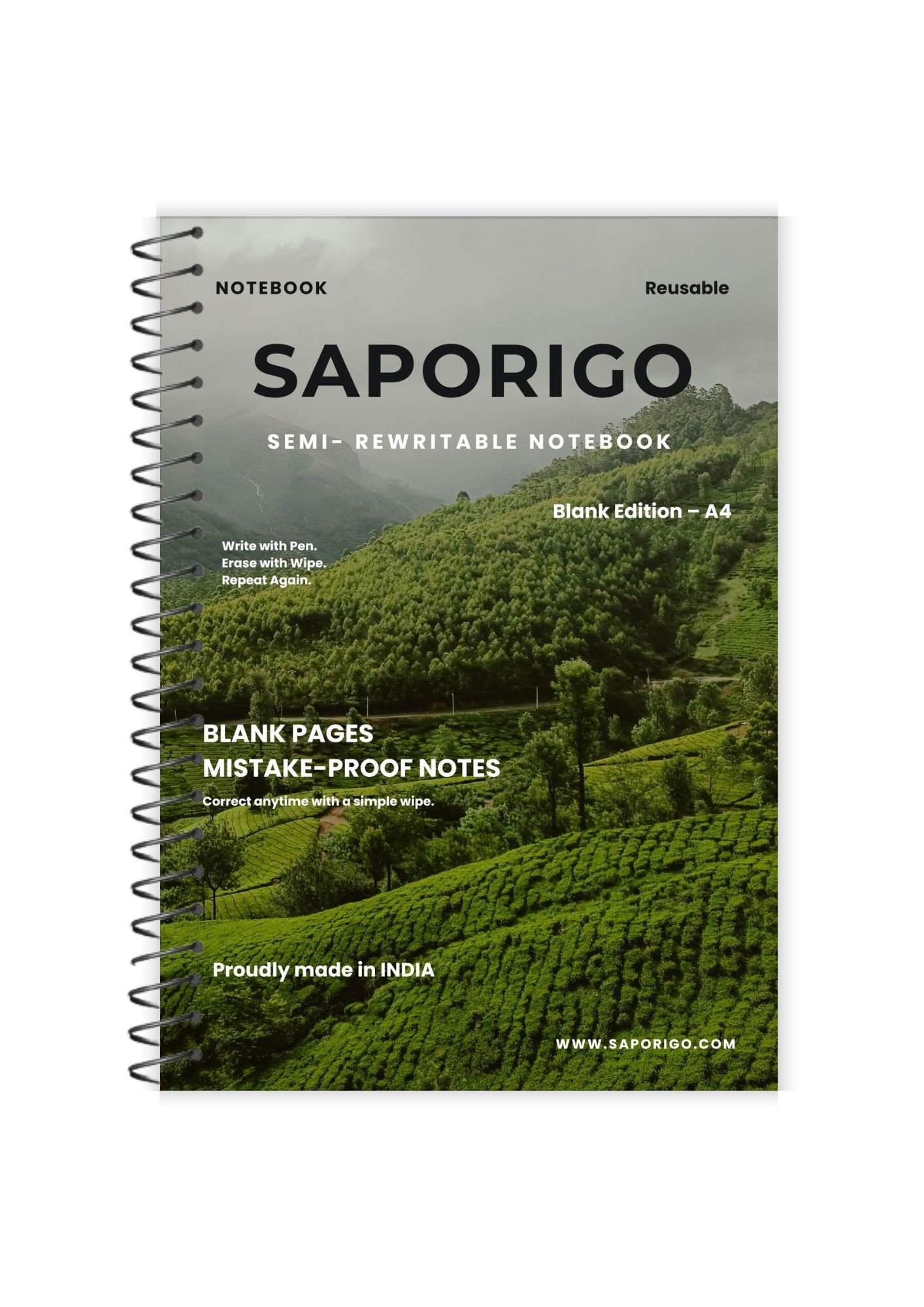 SAPORIGO Semi-Rewritable Notebook A4 (Blank Sheets) – Reusable Pages | Write with Ball Pen, Clean with Sanitizer | Paper-Based | Study, Notes & Practice Notebook - Image 2