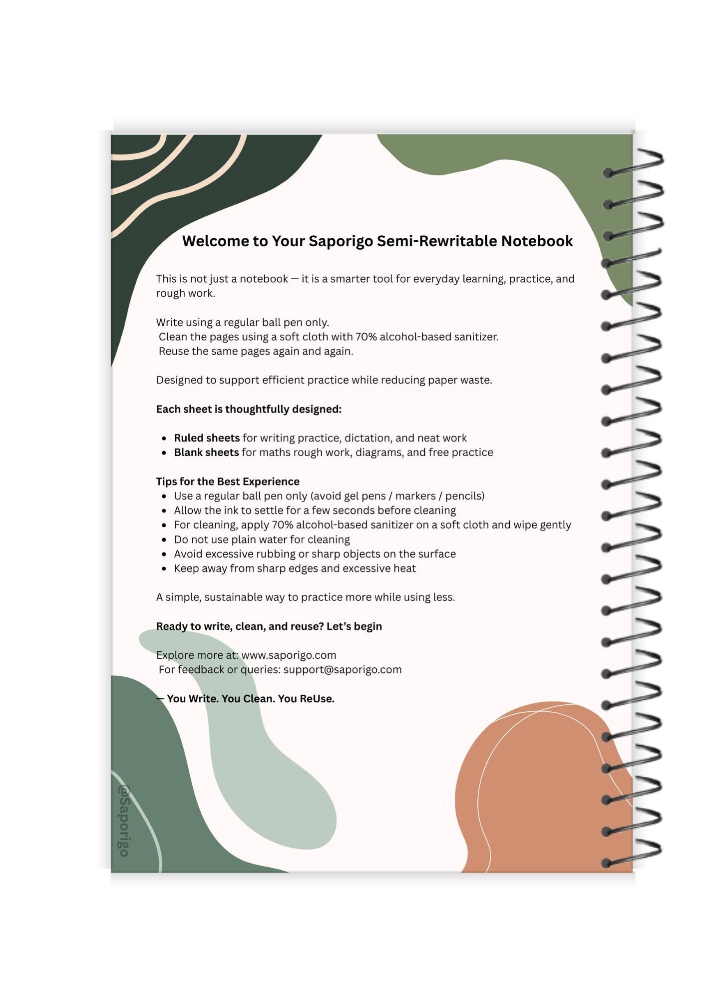 SAPORIGO Semi-Rewritable Notebook A4 (Blank Sheets) – Reusable Pages | Write with Ball Pen, Clean with Sanitizer | Paper-Based | Study, Notes & Practice Notebook - Image 6