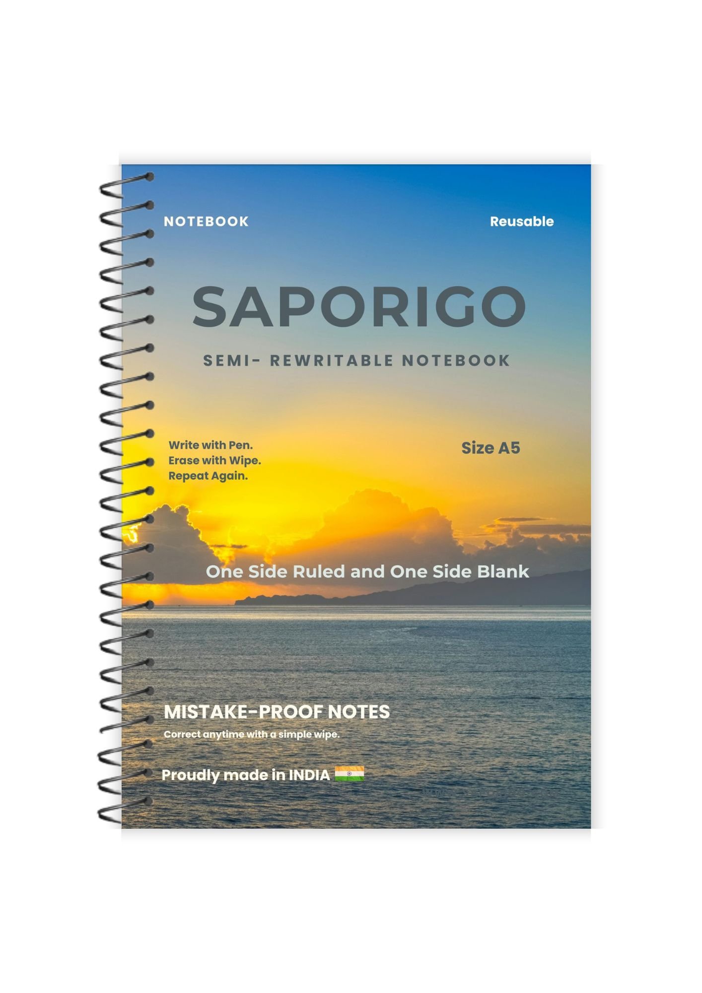 SAPORIGO Semi-Rewritable Notebook A5 Ruled | Reusable Daily Writing Notebook | Write with Ball Pen & Clean with Sanitizer | Matte Coated Pages | Eco-Friendly Study & Work Notebook - Image 4