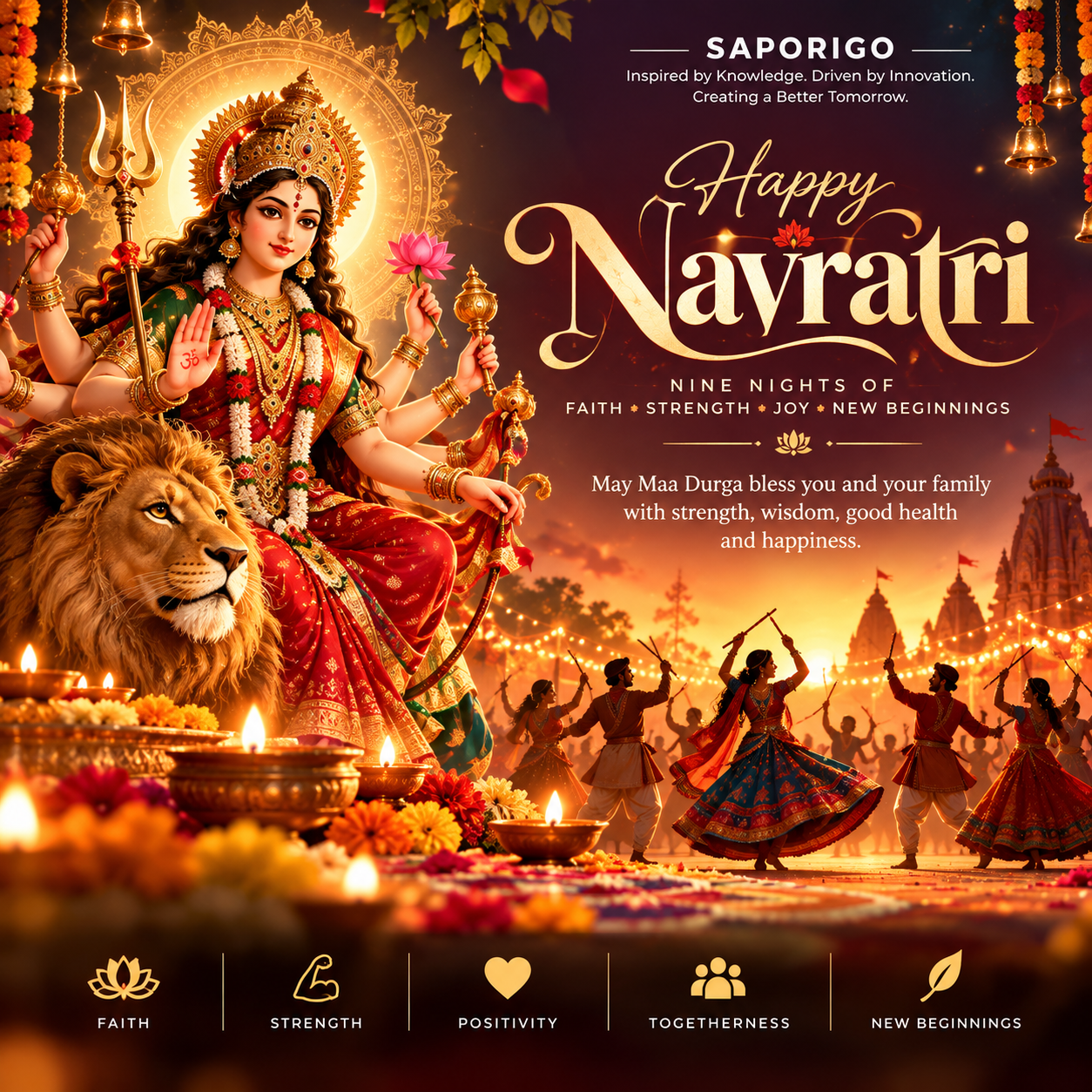 Navratri celebration artwork featuring Goddess Durga and the glow of Garba festivities